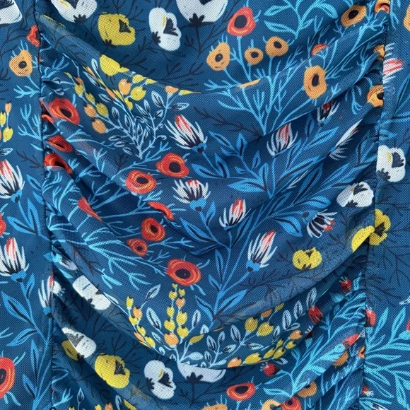 Free People Sz XS Romi Mesh Mini Skirt Blue Floral Fully Lined Elastic Waist - Picture 4 of 6